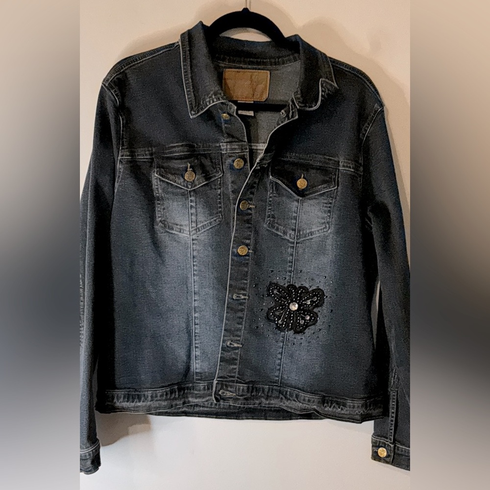 Sassy Thai Denim Jean Jacket Embellished Butterfly Embroidered Lace Size Large